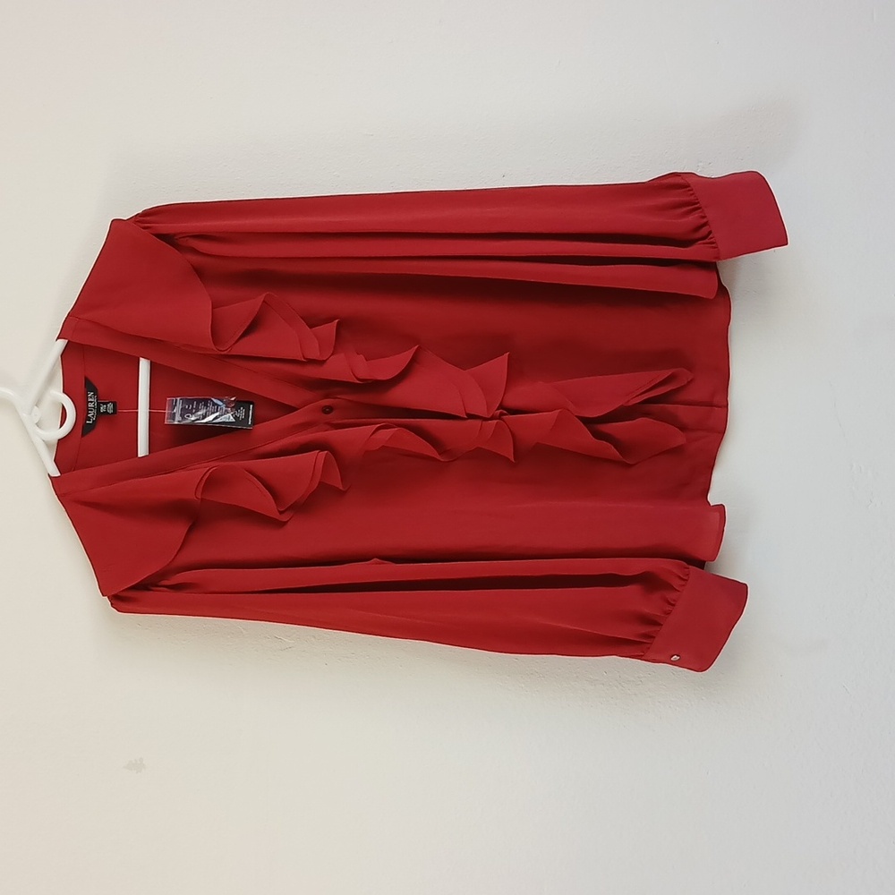 Ralph Lauren Red Ruffle Front Long-Sleeve Blouse